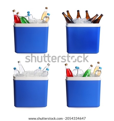 Blue plastic cool boxes with bottles on white background, collage 