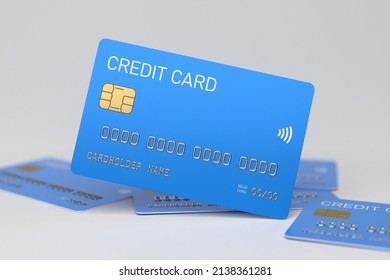 Blue plastic credit cards on a white background. Banking and e-commerce concept. Dummy Bank card without branding, selected focus - Shutterstock ID 2138361281