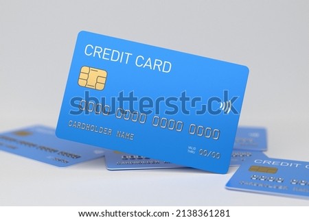 Blue plastic credit cards on a white background. Banking and e-commerce concept. Dummy Bank card without branding, selected focus