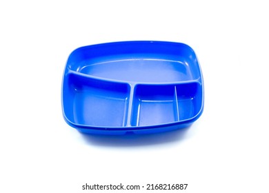 Blue Plastic Lunch Box Isolated On White Background, Food Storage Container.