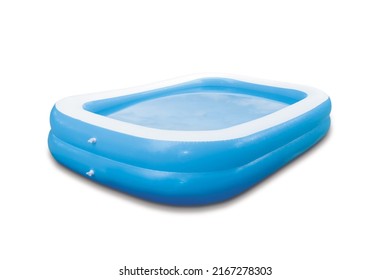 Blue plastic pool in square shape with balloon air pump for kid at the playground, clipping path effected