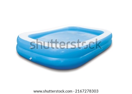 Blue plastic pool in square shape with balloon air pump for kid at the playground, clipping path effected