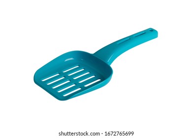 Blue Plastic Scoop For Kitty Litter On A White Background