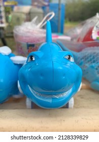 Blue Plastic Shark Toy Smile, Closeup.