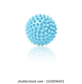 Blue plastic spiny massage ball isolated on white. Concept of physiotherapy or fitness. Closeup of a colorful rubber ball for dog teeth on a white color background. Corona virus model.
