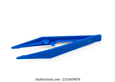 Blue Plastic Sterile Surgical Tweezers Isolated On White Background.