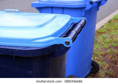 Blue Plastic Trash Bins In Budapest Suburb, Hungary