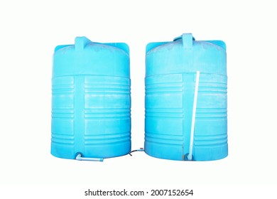 Blue plastic water tank storage system. At the park behind a large swimming pool to store water old and unusable. Isolated on white background.