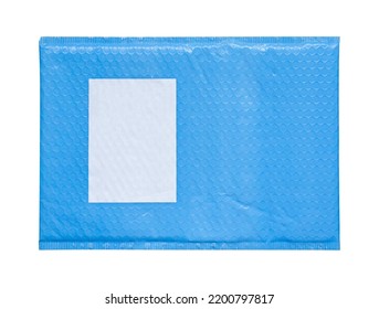 Blue Plastic Wrap Air Bubble Packaging Envelope With Blank Label Sticker Isolated On White Background