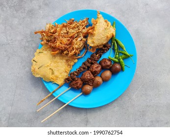 Blue Plate Contains Some Favourites Asian Fried Snacks And A Special Signature Snacks Called Bacem Satay From Java Indonesia