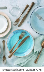 Blue Plate And Other Tableware, Shot From Above On A Table. Elegant Dinner Service