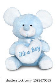 Blue plush teddy bear toy with heart. On the heart is writting 