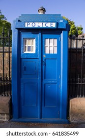 Blue Police Call Box Installed in Glasgow Close to Entrance to Botanical Gardens. Designed as Tardis the Doctor Who Time Machine