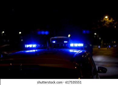 Blue Police Car Sirens At Night Service