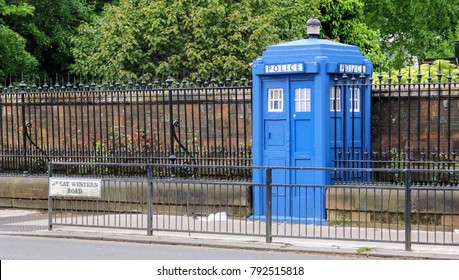 A Blue Police Telephone Box On The Street In Glasgow, Scotland, United Kingdom, Often Associated With The Science Fiction Television Program Doctor Who