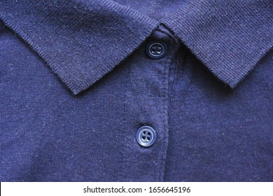 Blue Polo Shirt Close Up View. Classic Collar Neck With Button T-shirt, Blue Color Buttoned Polo Shirt Top View. Casual Short Sleeve Shirt Detail, Cotton Material 