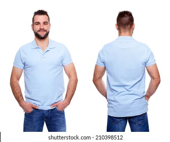 Blue Polo Shirt On A Young Man Template On White Background