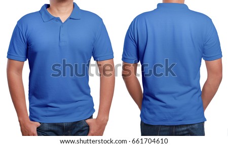 Blue polo t-shirt mock up, front and back view, isolated. Male model wear plain blue shirt mockup. Polo shirt design template. Blank tees for print