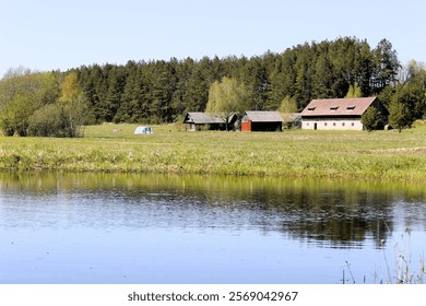 A blue pond with green fields, trees and a farmhouse in the distance