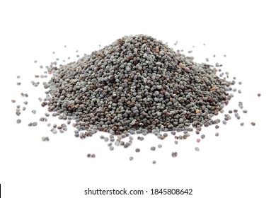 Blue poppy seeds isolated on white background, top view. Heap of poppy seeds isolated on white background. Small poppy seeds in a heap, top view. Poppy seeds isolated on white background.