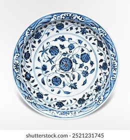 Blue porcelain plate. Decorative patterned floral plate, vintage art, floral decorative patterned dish, vintage kitchen and tableware. Old art object. - Powered by Shutterstock