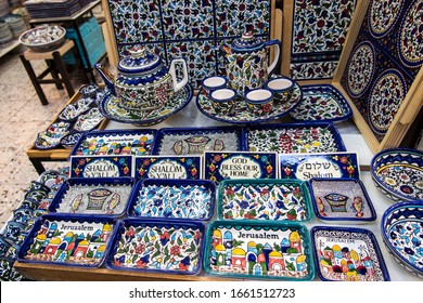 Blue porcelain souvenir stall in the old part of Jerusalem in Israel