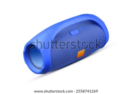 Blue portable wireless Bluetooth speaker, isolated on a white background. Device for playing music. Music.