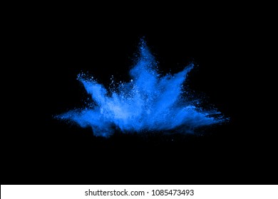 Blue Powder Explosion On Black Background. Colored Cloud. Colorful Dust Explode. Paint Holi.