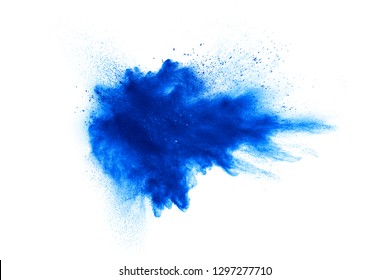 Blue Powder Explosion On White Background. Paint Holi.