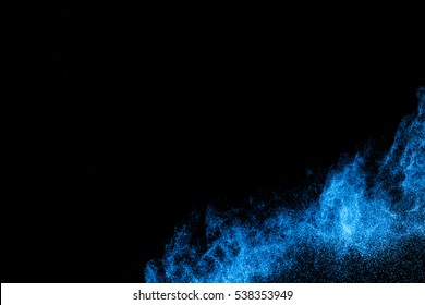 Blue Powder Explosion On White Background. Mauve Color Cloud. Blue Dust Explode.