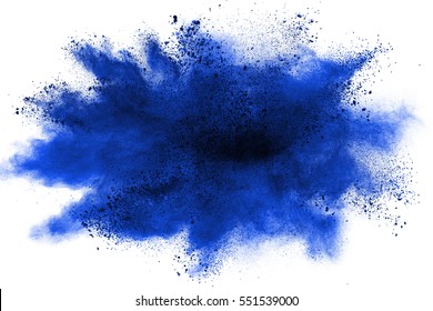 Blue Powder Explosion On White Background. Colored Cloud. Colorful Dust Explode. Paint Holi.