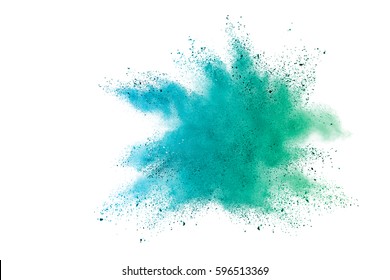 Blue Powder Explosion On White Background. Colored Cloud. Colorful Dust Explode. Paint Holi.
