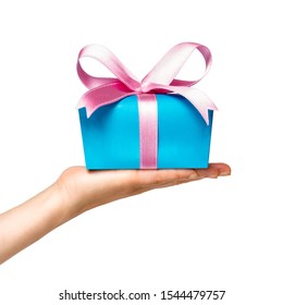 Blue Present Box With Pink Ribbon As Surprise Gift