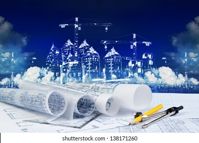 Blue Print And Construction Sketching For Construction Business Theme