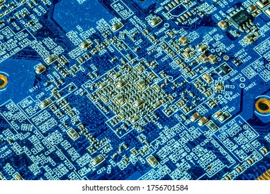 Blue printed curcuit board PCB for computer components with electronic elements