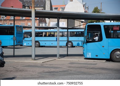 Blue Pubblic Bus At The Bus Station In Aarhus