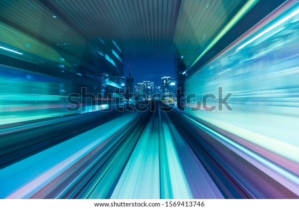 Blue and purple abstract high speed\
movement toward to the future of the city,\
concept.