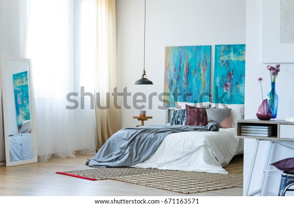 Blue Purple Accents Stylish Bedroom Royalty Free Stock Image