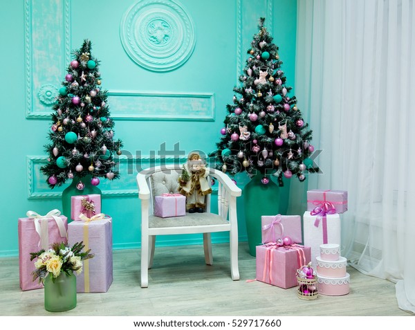 Blue Purple Christmas Decorations Horizontal Indoors Stock Photo