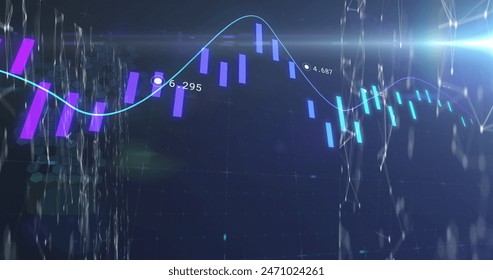 Blue and purple lines showing trends on digital graph. Numbers and grid lines floating against a dark background, enhancing visibility and focus