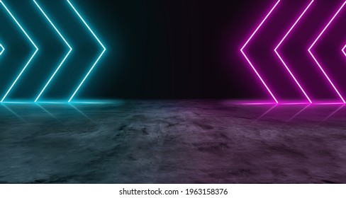 Blue and purple neon light on concrete cement floor and black background studio, Abstract high-tech, technology futuristic or entertainment feeling, Empty space in middle to place product or message.