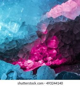 Blue And Purple Salt Crystals In A Crystal Cavern: Salt Crystals And Light Effects In A Crystal Cave (potash Mine)