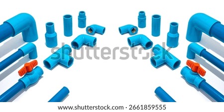 Blue PVC pipe set, separate on a white background, blue plastic water pipe, PVC accessories for plumbing work Plumber equipment Bend and connect the three-way plastic pipe to drain the waste water.