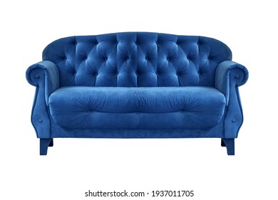 Blue Quilted Fabric Classic Sofa Isolated On White Background. Series Of Furniture