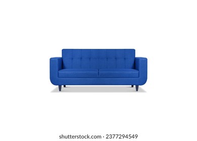 Blue quilted fabric classic sofa isolated on white background. Series of furniture
