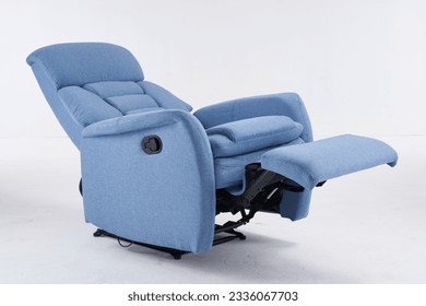 Blue recliner chair, reclining chair isolated on white background, Comfortable Modern Recliner Sofa on Minimalist and Modern Home, Light blue contemporary recliner armchair with plaid