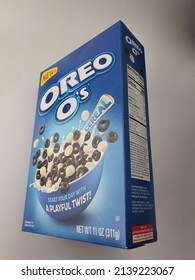 Blue Rectangular Paper Box Packaging Of Oreo O's Crunchy Cocoa Hoops Cereal. Nutritional Facts And Information. Chocolatey Vanilla Flavor, Crunchy O-shaped.  White Background. Malaysia. March 2022