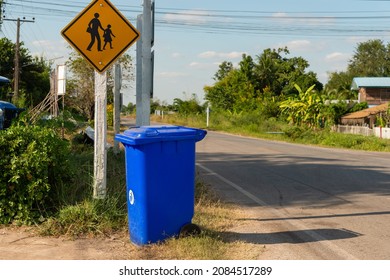 Blue  Recycle Bin At Road Side,  Garbage Bins In Outdoor. 