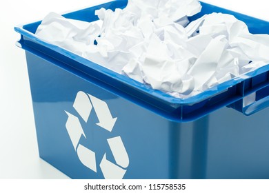 Blue Recycling Bin Box With Paper Waste On White