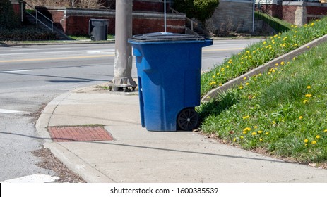 Blue Recycling Bin For Residential Use By The Curbside For Pick Up.